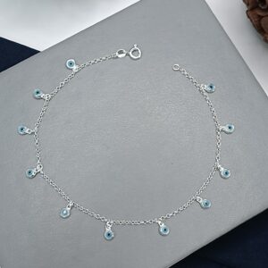 Tornozeleira De Prata 11 Olho Grego Branco Pequeno Pendente Fio