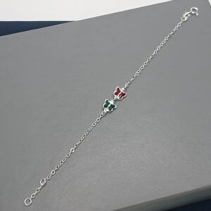Pulseira De Prata Infantil 2 Zirconias Borboleta Verde e Vermelha Meio