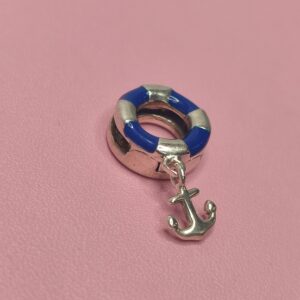 Berloque De Prata Para Pulseira Esteira Tipo Boia Azul Ancora Pend