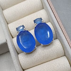 Brinco De Prata 2 Zirconias Ovais Azul Cod:B3/4