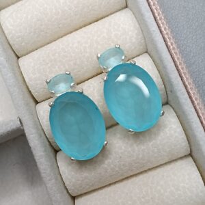 Brinco De Prata 2 Zirconias Ovais Azul Claro Cod:B3/4