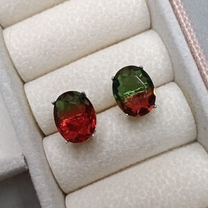 Brinco De Prata Zirconia Oval Cx Alta Fruta Cor Verde E Vermelho 10mm Cod:B3/6