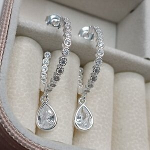 Brinco De Prata Meia Argola Grande Cravejada Saia Dentro E Fora Gota Zirconia Pendente Cod:MAR15