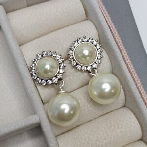 Brinco De Prata Base Envelhecida Pérola Zirconia Ao Redor Pérola Pendente Cod:B4/40