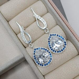 Brinco De Prata Gota Vazada Base Com Gota Zirconia Pendente Zirconia Azul Ao Redor Cod:B5/3