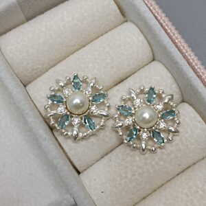 Brinco De Prata Mandala Vazada Zirconia Azul E Perola Cod:B4/47