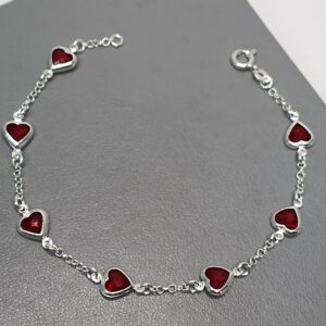 Pulseira De Prata 7 Zirconia Coração Vermelho Fio