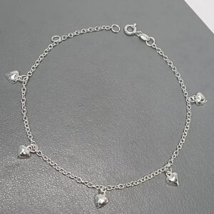 Pulseira De Prata Montagem 5 Corações Pequeno Chapa Abaulada Pendente Fio