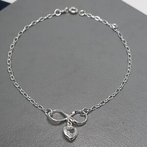 Pulseira De Prata Zirconia Coração Pendente No Infinito Meio