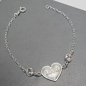 Pulseira De Prata 2 Zirconia Coração Love Meio