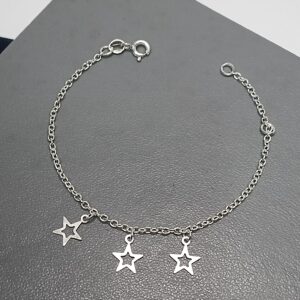 Pulseira De Prata Infantil 3 Estrelas Vazada Pendente Meio