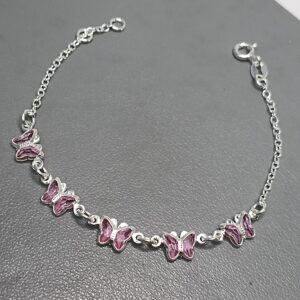 Pulseira De Prata Infantil 5 Zirconia Borboleta Rosa Meio