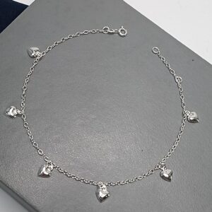 Tornozeleira De Prata 6 Corações Chapa Abaulada Pequena Pendente Fio