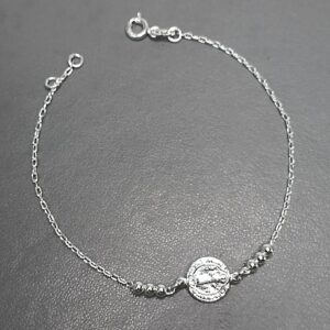 Pulseira De Prata Montagem 6 Bolinha 3mm Medalha São Bento Meio Cod:PU-128