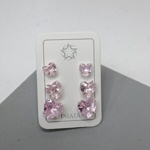 Trio De Prata Zirconia Coração Rosa Claro Cod:TRI/18