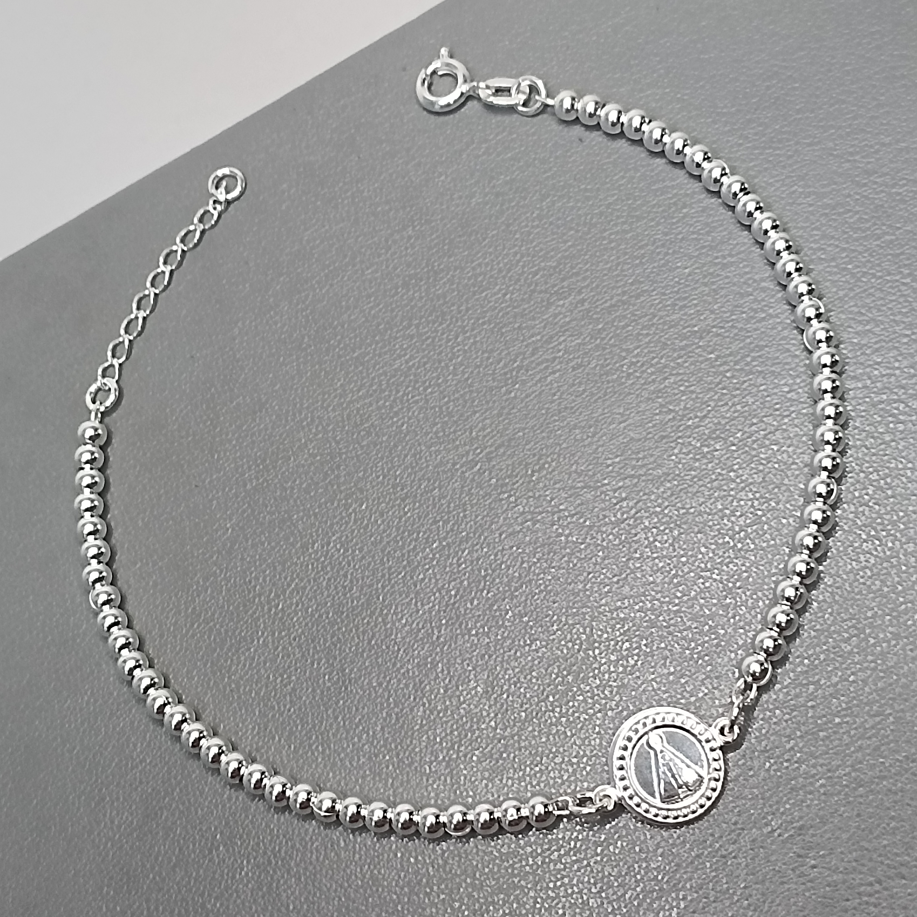 Pulseira De Prata Montagem Fio Bolinhas 3mm Medalha De Nossa Senhora Aparecida Meio Cod:PU-125