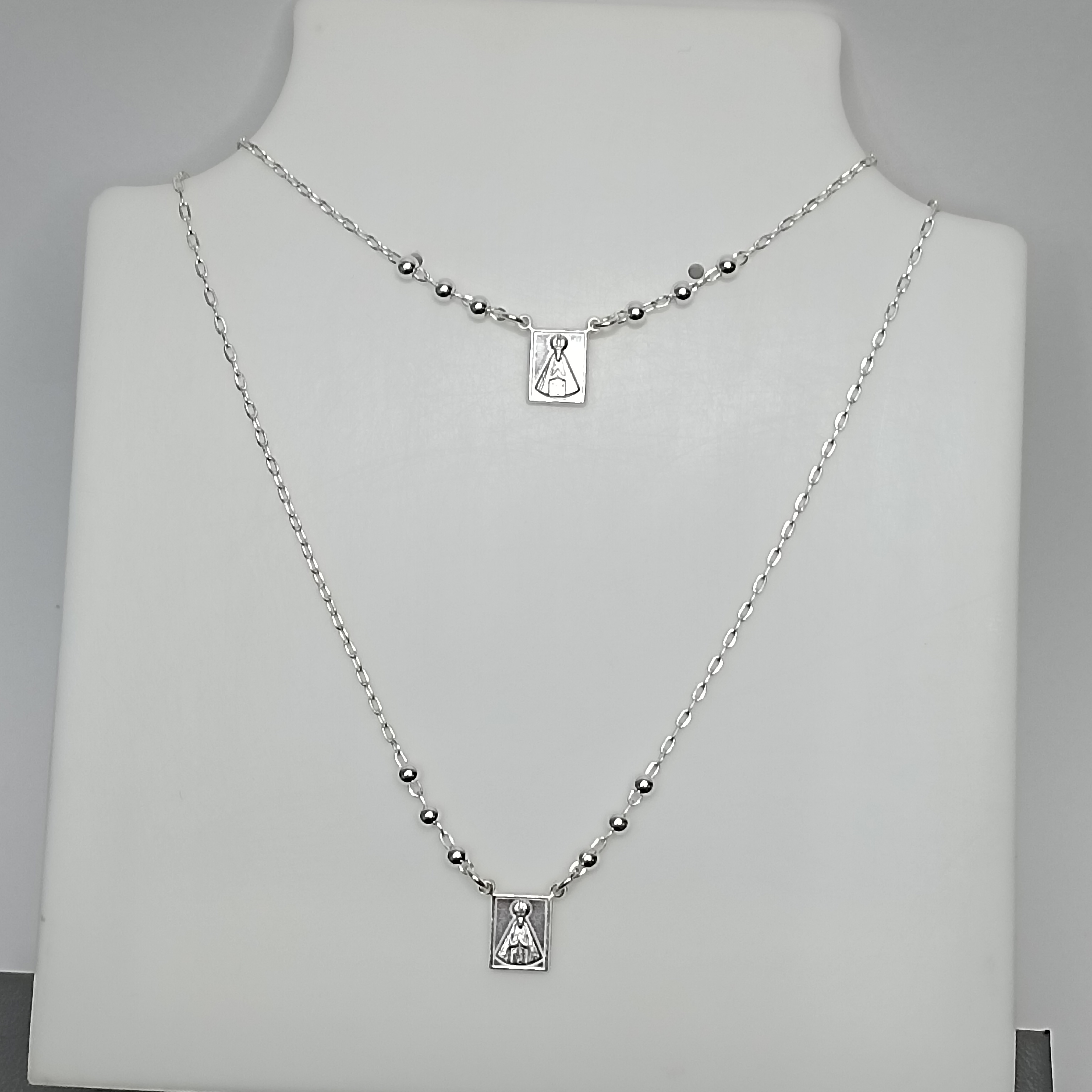 Gargantilha De Prata Escapulario Nossa Senhora Aparecida Com 6 Bolinhas 3mm 70cm Cod:G4-04