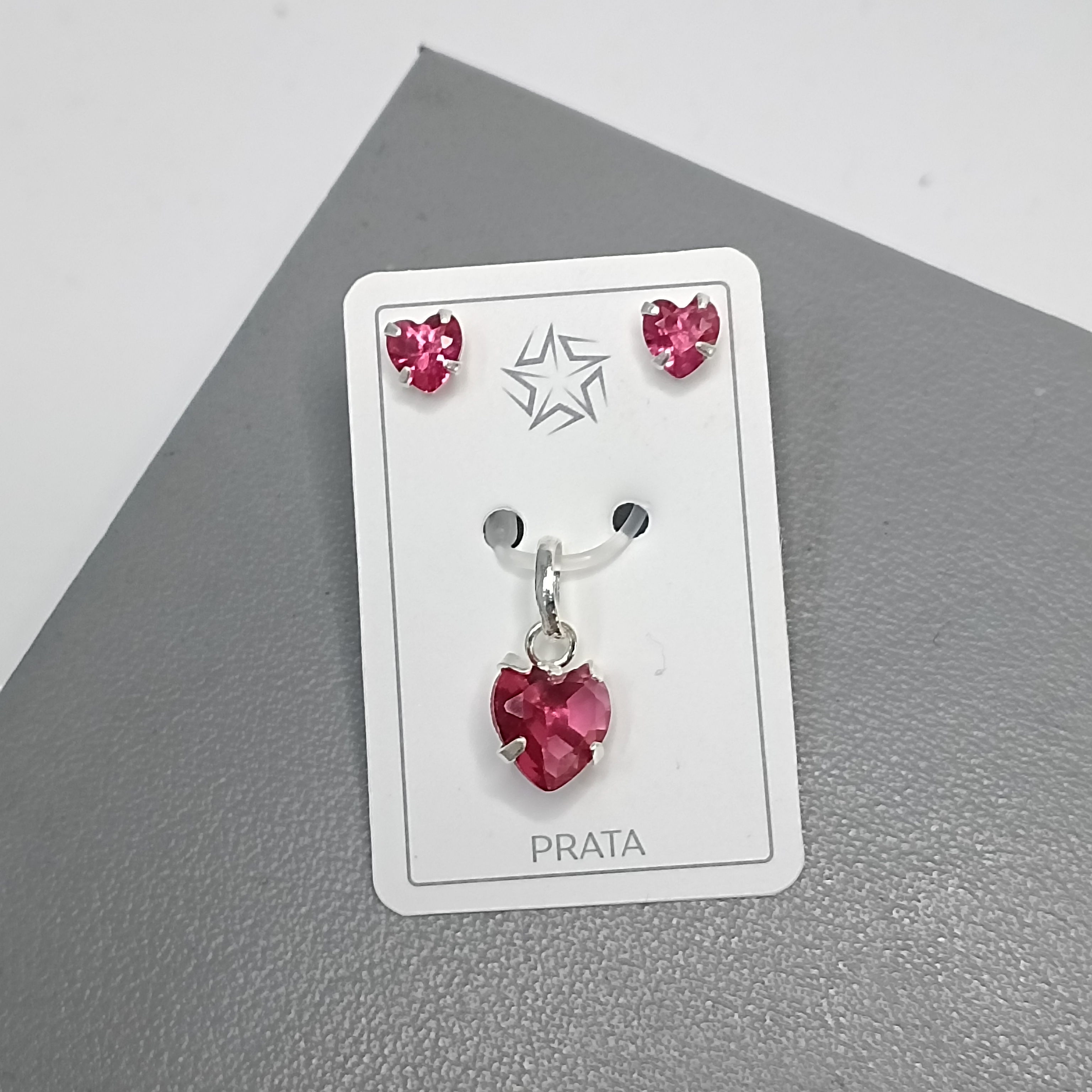 Conjunto De Prata Tradicional Coração Zirconia Rosa