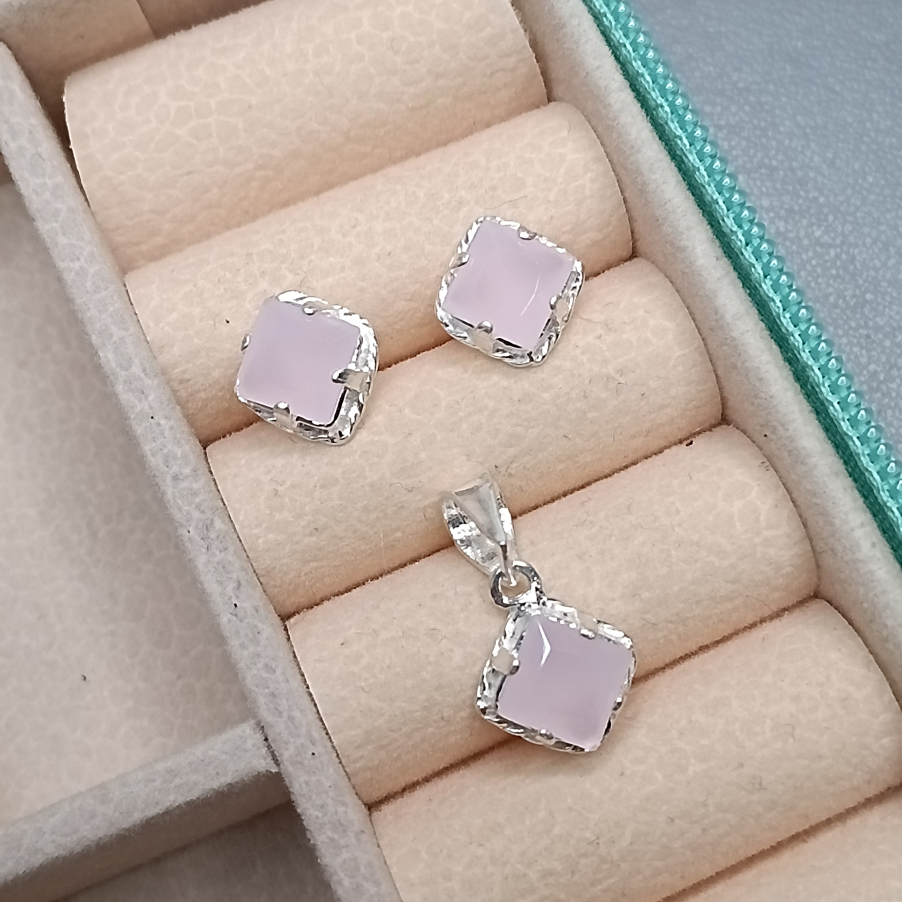 Conjunto De Prata Zirconia Quadrada Rosa Clara Leitosa CXA 6mm Cod:MD-CJ33