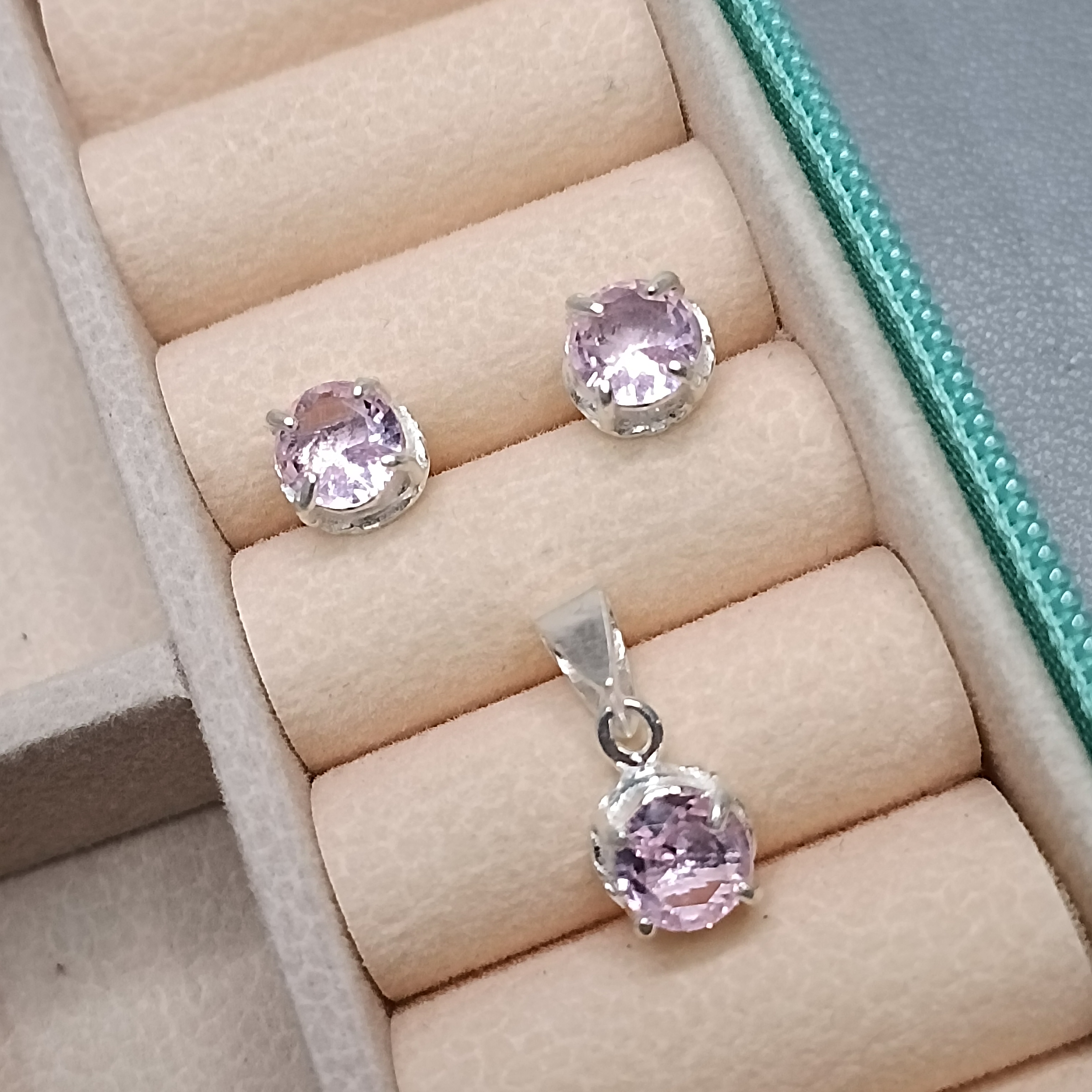 Conjunto De Prata Zirconia Redonda Rosa Clara CXA 6mm Cod:MD-CJ55